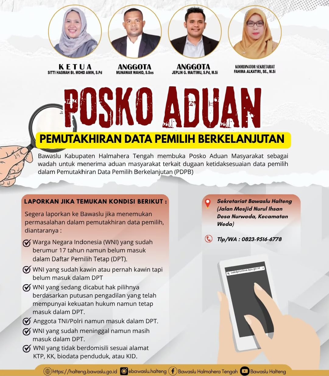 Bawaslu Kabupaten Halmahera Tengah membuka Posko Aduan Masyarakat untuk menerima laporan terkait dugaan ketidaksesuaian data dalam Pemutakhiran Data Pemilih Berkelanjutan (PDPB), Senin (04/08/2025)/Foto: Publikasi dan Pemberitaan Bawaslu Halmahera Tengah