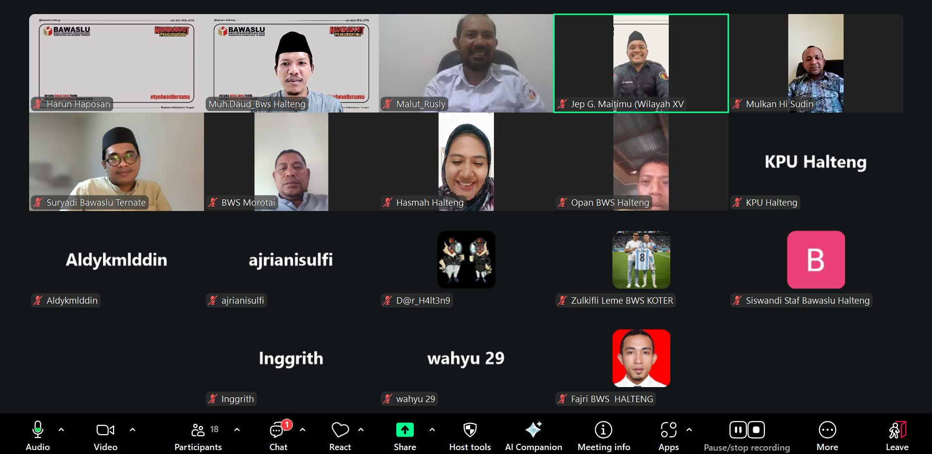 Pimipinan Bawaslu Halteng bersama Narasumber serta peserta diskusi pada akhir kegiatan Ngabuburit Pengawasan pada Rabu, (11/3/2026) secara daring.